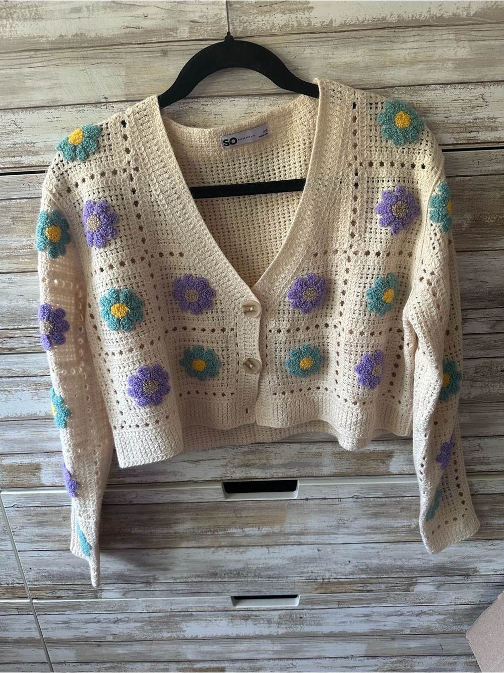 🌼 SO Goods For Life Crochet Floral Cardigan XS Cream Granny Square